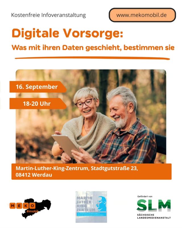 Digitaler Nachlass: Egal ob E-Mail-Konto, Online-Banking oder Internetshops: Wer digital unterwegs ist, hinterlässt Spuren – auch über den Tod hinaus.
Doch wer hat nach dem Tod oder bei einer schweren Krankheit Zugang zu Online-Konten? Was passiert mit den Inhalten sozialer Netzwerke? Wer darf überhaupt auf E-Mails und Online-Konten zugreifen oder sie löschen?
Der Vortrag richtet sich an Menschen jeglichen Alters, die über Online-Accounts verfügen und dafür eine Regelung treffen wollen.

Eine kostenfreie Kooperationsveranstaltung des Projekts MeKo#mobil.
 
Ort: Werdau

#mekomobil #mekosax #medienkompetenz #medienkompetenzfürsachsen #landkreiszwickau #medienbildung #datenschutz #digitalevorsorge #privatsphäre #informationskompetenz #werdau #martinlutherkingzentrum #erwachsenenbildung #verbraucherzentralesachsen