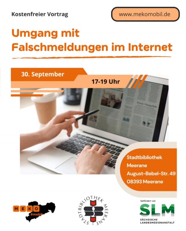 Kommenden Dienstag! Eine kostenfreie  Infoveranstaltung in der Stadtbibliothek Meerane mit praktischen Tipps zum Faktencheck: Wie erkennt man Fake News? Wie prüft man die Glaubwürdigkeit von Medieninhalten?

Mehr Infos und Voranmeldung auf www.mekomobil.de

#mekomobil #mekosax #medienkompetenz #medienbildung #fakenews #informationskompetenz #nachrichtenkompetenz #landkreiszwickau #meerane
