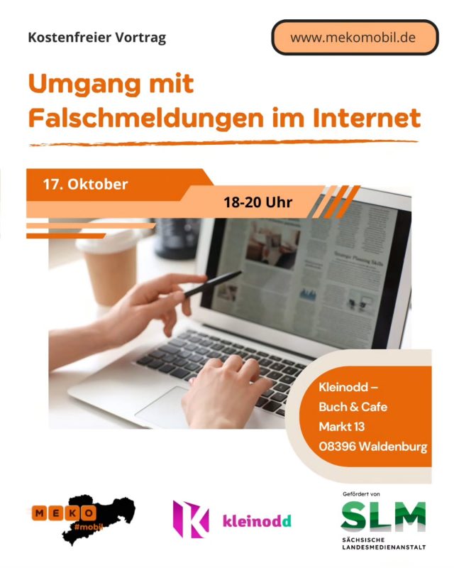 Morgen!!! Eine kostenfreie  Infoveranstaltung in Waldenburg  mit praktischen Tipps zum Faktencheck: Wie erkennt man Fake News? Wie prüft man die Glaubwürdigkeit von Medieninhalten?

Mehr Infos und Voranmeldung auf www.mekomobil.de

#mekomobil #mekosax #medienkompetenz #medienbildung #fakenews #informationskompetenz #nachrichtenkompetenz #landkreiszwickau #waldenburg #kleinodd