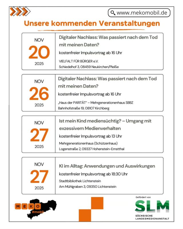 Unsere kommenden offenen Medienbildungsangebote im November. Mehr Informationen und Anmeldemöglichkeit unter www.mekomobil.de.
Die kostenfreien Informationsveranstaltungen des Projekts MeKo#mobil im Landkreis Zwickau werden von der sächsischen Landesmedienanstalt gefördert.

#medienbildung
#mekosax
#neukirchenpleiße
#hohensteinernstthal
#lichtenstein
#kirchberg
#landkreiszwickau
#schönburgerland
#sbbzkirchberg
#schützenhaushohensteinernstthal 
#landkreiszwickau 
#medienkompetenzfürsachsen 
#medienbildung