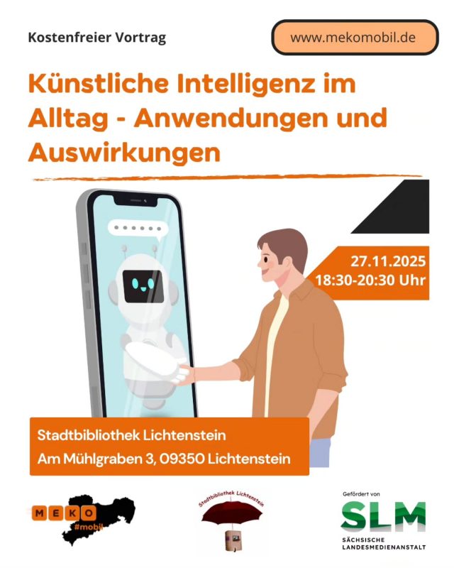 Sind Sie neugierig auf Künstliche Intelligenz (KI) und fragen sich, wie sie unseren Alltag beeinflusst? Oder sind Sie vielleicht unsicher und möchten mehr darüber erfahren, was hinter den Kulissen passiert?

In der kostenfreien Infoveranstaltung erfahren Sie, was KI genau ist und wo sie uns im Alltag bereits begegnet. Medienpädagogin Annika Schulz erklärt auf verständliche Weise die Funktionsweise von Kl und beleuchtet u.a. die Anwendungsfelder und Grenzen von ChatGPT. Dabei zeigt sie auf, dass alle KI-Produkte das Ergebnis menschlicher Arbeit sind. Ein weiterer Schwerpunkt liegt auf den Herausforderungen und Problemen, die mit der Nutzung von KI verbunden sind. Dazu gehören der Ressourcenverbrauch, die Ausbeutung von Klickarbeitern, Daten-Bias oder die Verbreitung von Fake News durch Kl-generierte Inhalte.

Außerdem lernen Sie, wie man KI-Bilder erkennt und entdecken praktische Beispiele für den positiven Nutzen verschiedenster KI-Anwendungen.

Im Anschluss gibt es die Möglichkeit, Fragen zu stellen und zu diskutieren.

Kostenfreie Veranstaltung des Projekts MeKo#mobil, gefördert von der SLM.

#medienkompetenz #medienbildung #stadtlichtenstein #landkreiszwickau